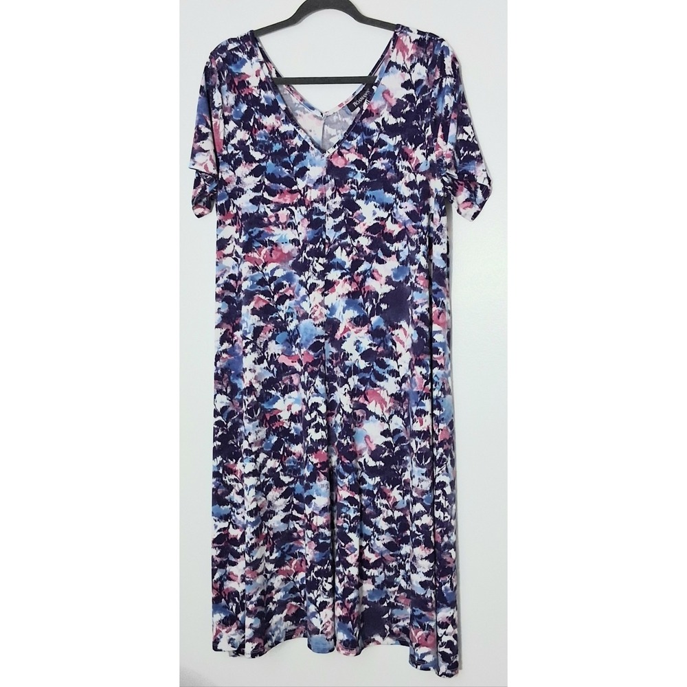 Roamans Midi Dress Womens Size 14/16 Purple Blue Pink V-Neck Short Sleeve Pullon